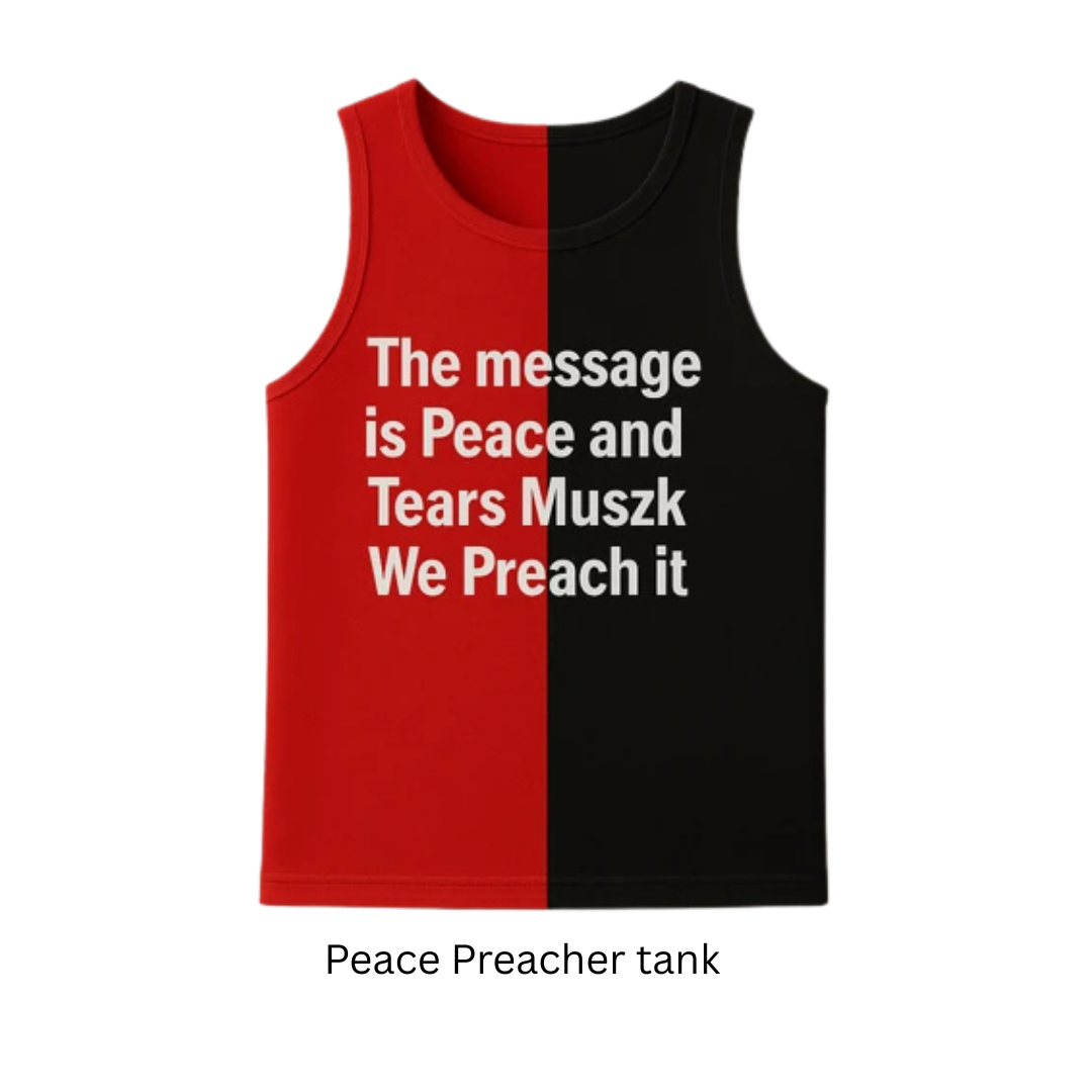 wo-tone statement tank from ATTB × Johnny Kaikllo featuring the bold “Peace Preacher